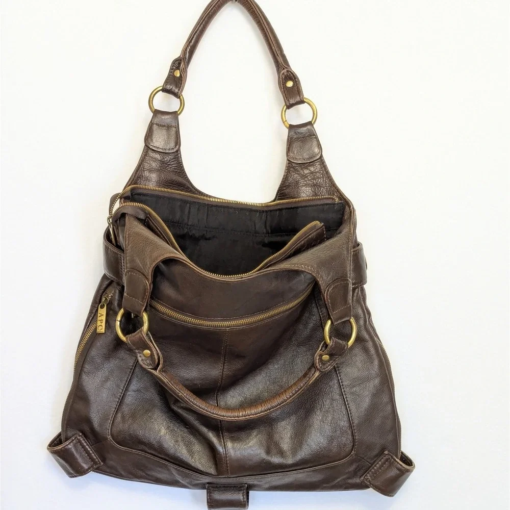 APC Brown Leather Hobo Shoulder Bag Brass Hardware Zipper Detail Expandable Tote